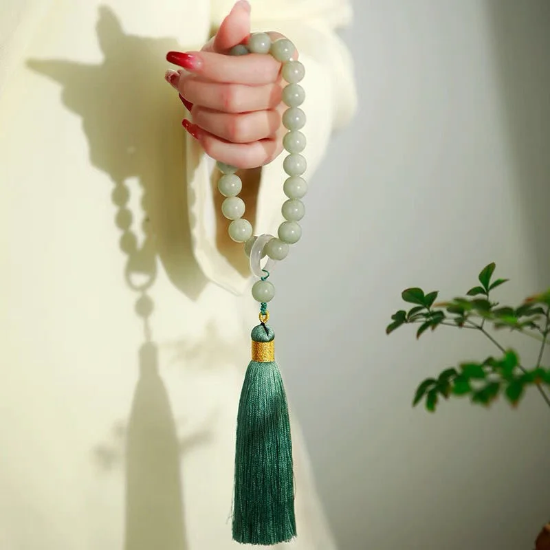 Women Accessories Bracelet - Green Jade Stone 12mm Beads Tassel